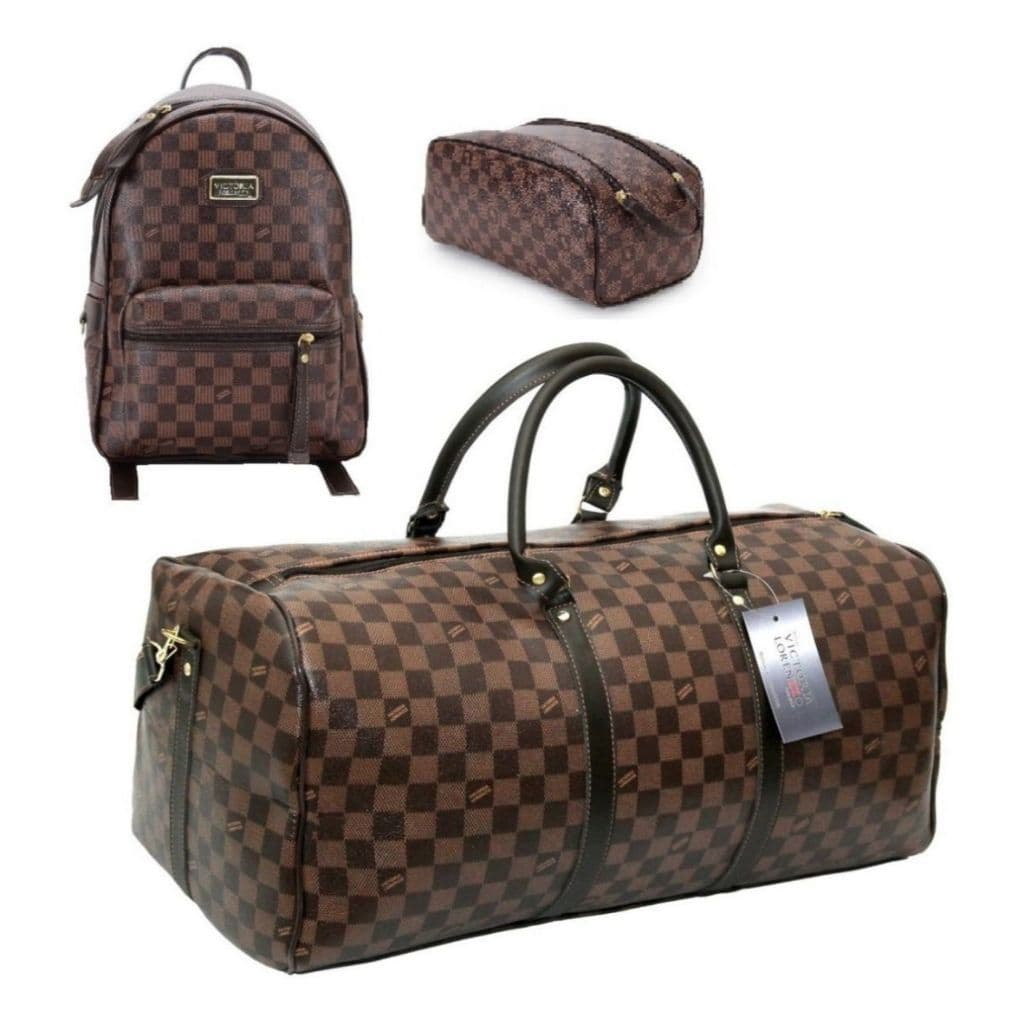 Kit Mochila + Mala + Necessaire Café Xadrez Feminina Masculina Viagem e Casual