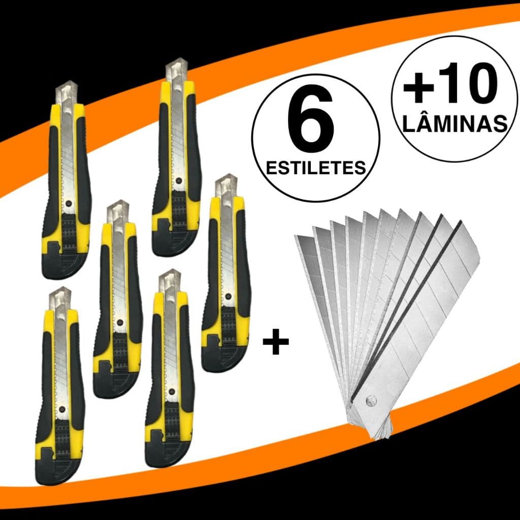 KIT COM 6 ESTILETES PROFISSIONAL  + 10 LAMINAS DE 18mm EMBORRACHADO REFORÇADO
