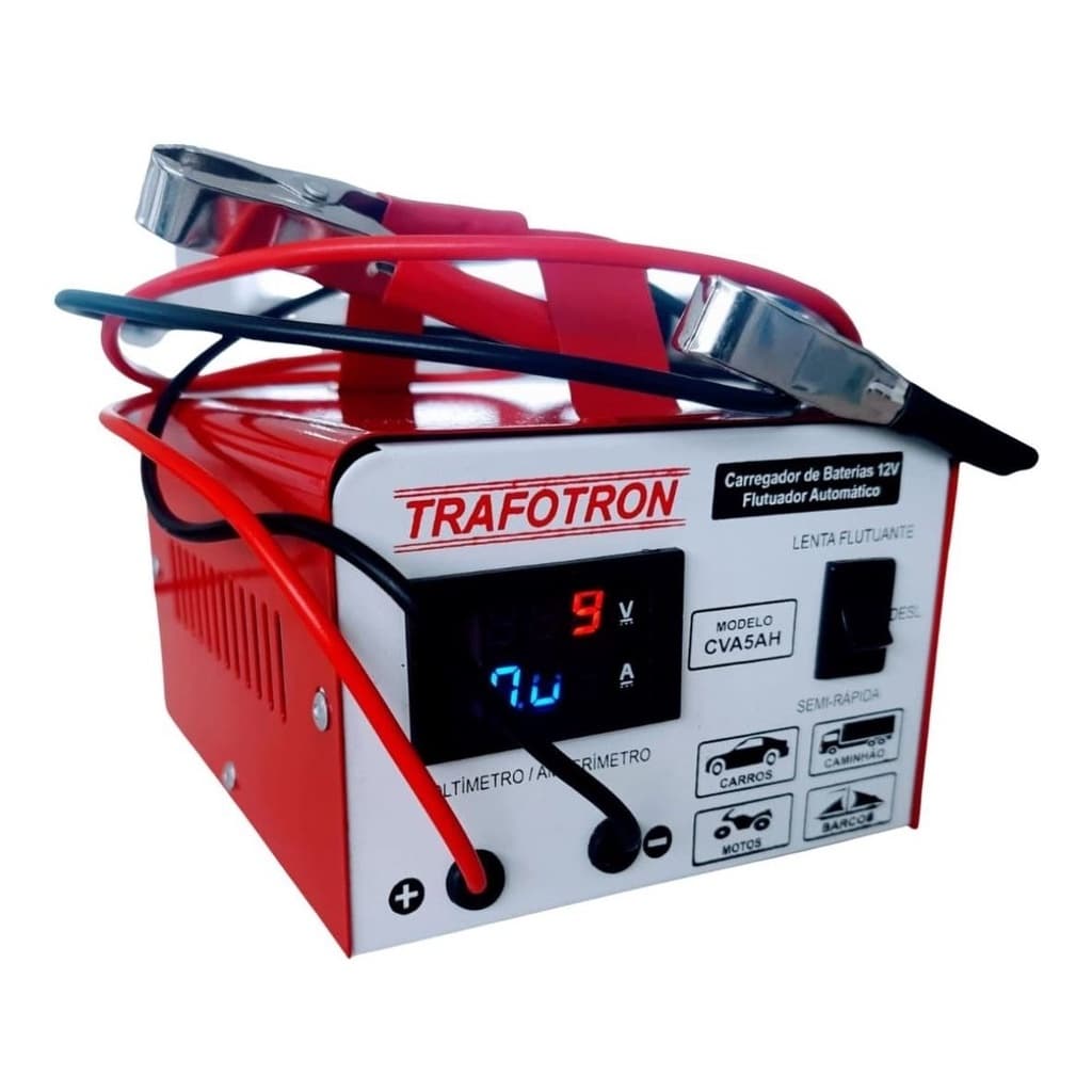 Carregador de Bateria Automotiva CVA512 Volts 5 Amperes/Hr, Com Voltimetro e Amperimetro, Bivolt, Flutuante Inteligente Carro, Moto, Barco, Jetski e Estacionaria