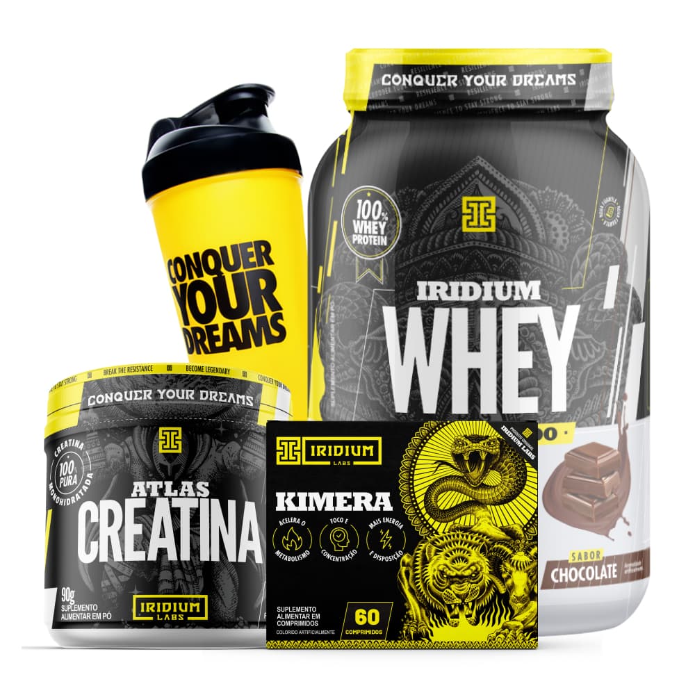 Whey Protein Concentrado e Creatina 90g e Kimera thermo e Coqueteleira Iridium Labs