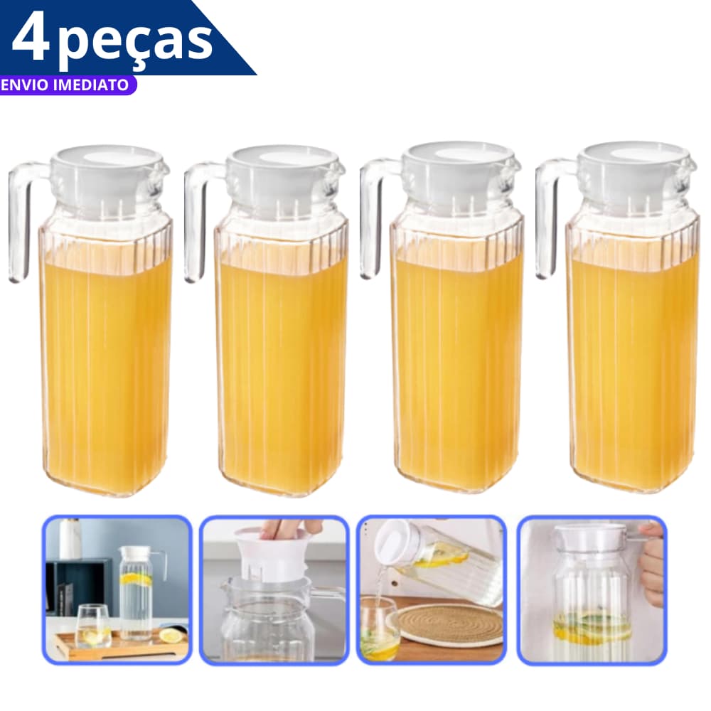 Jogo 4 Jarras 1 Litro Vidro Resistente Transparente Design Clássico Com Tampa