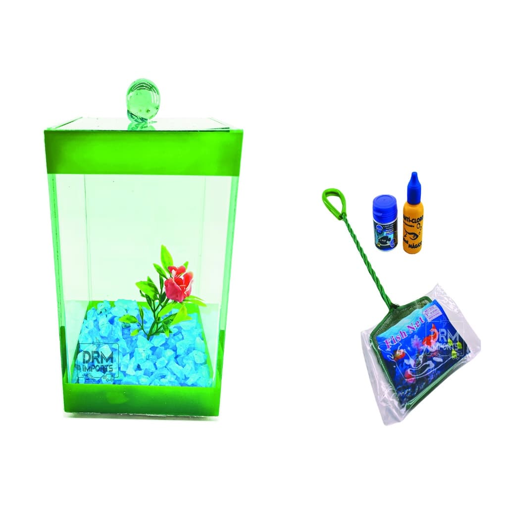 Kit 4 peças Aquário beteira 9x9x14 cm decorado Ração Anti Cloro Mini Rede
