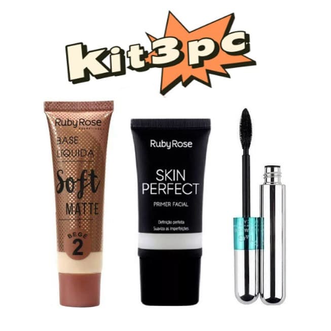 KIT /Base Líquida Soft Matte Bege HB-8050 + Primer Facial Skin Perfect HB-8086 e Máscara para cílios RÍMEL 4D T&G Tango
