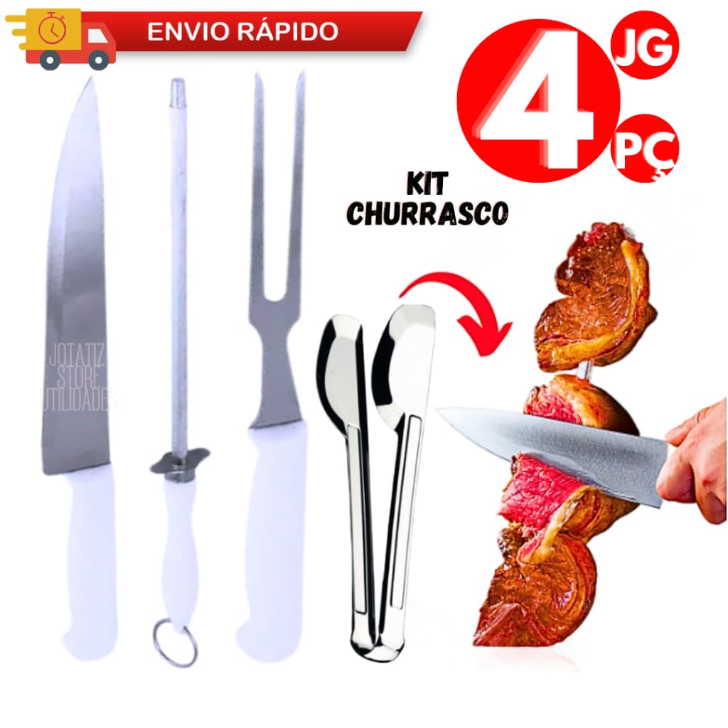 Kit 4 Peças Churrasco Faca Garfo E Amolador Afiador Chaira Profissionais P/ Casa Bar Restaurante Almoço Janta Happy Hour