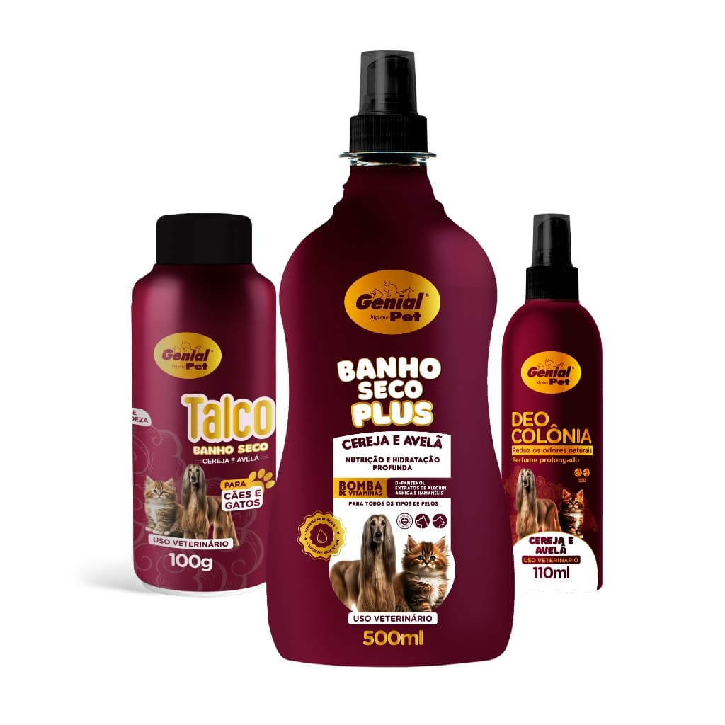 KIT BANHO SECO CEREJA E AVELÃ - Banho Seco, Talco e Colônia para Cães e Gatos Genial Pet