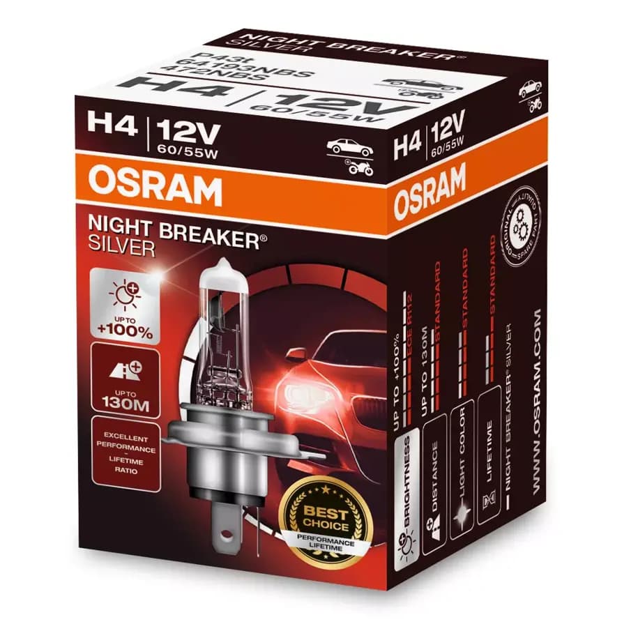 Lâmpada Osram Night Breaker Silver H4 +100% 3200K 12V