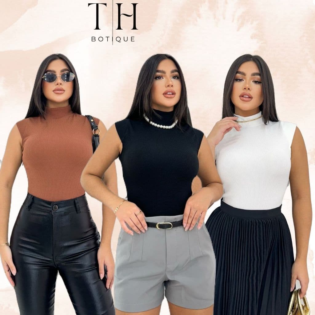 Body Feminino Gola Alta Anarruga Canelado Manguinha Blusinha Moda Verão 2025