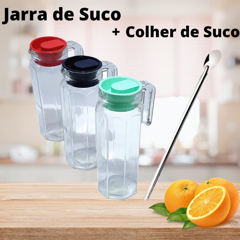 Kit Jarra de Vidro com Tampa + Colher para Suco em Aço Inox - Jarra 1,1 Litro com Tampa MAIS Colher Suco 30cm - PANAMI