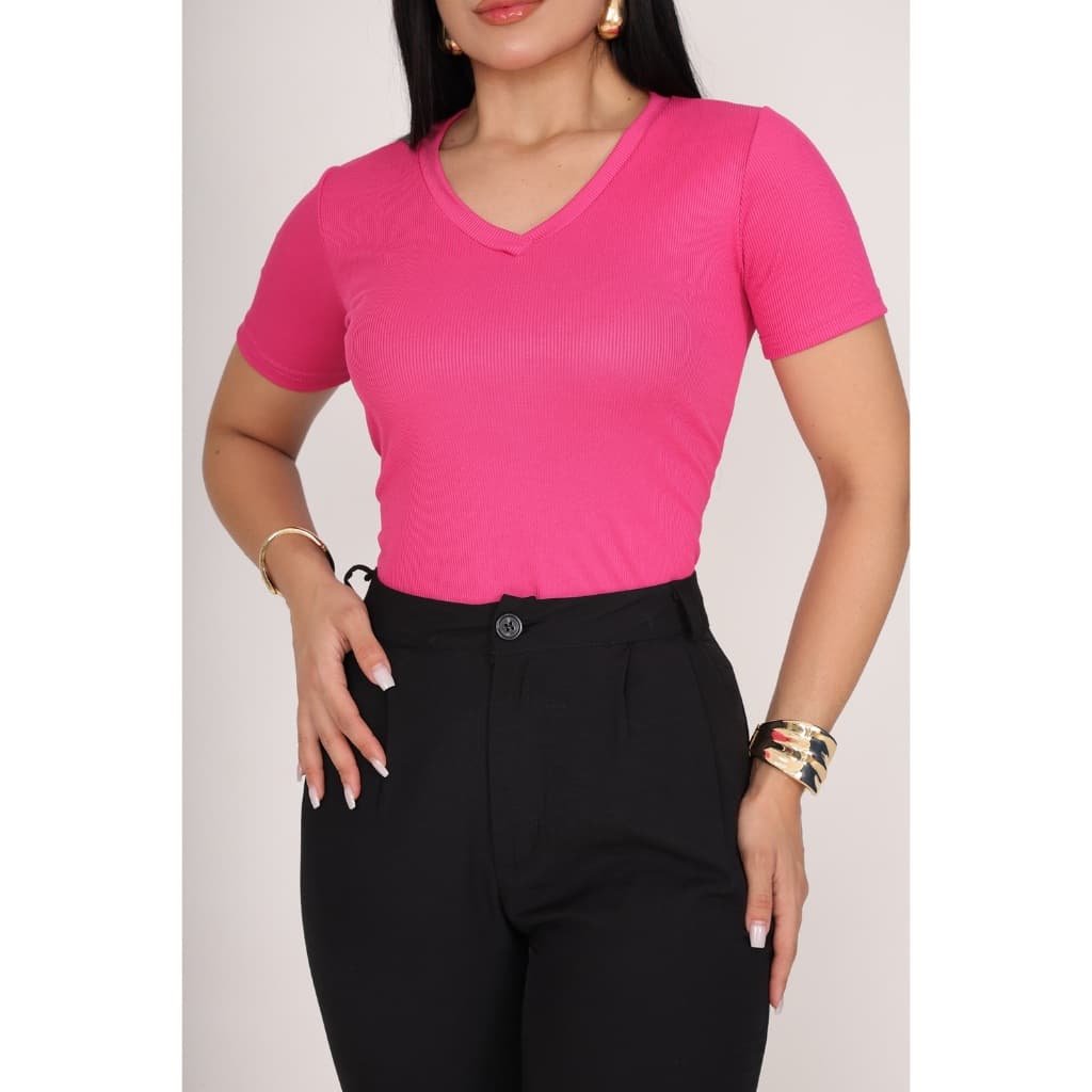 Blusa basica Gola V Casual Tshirt Basica Canelada Feminina Blusinha Manga Curta