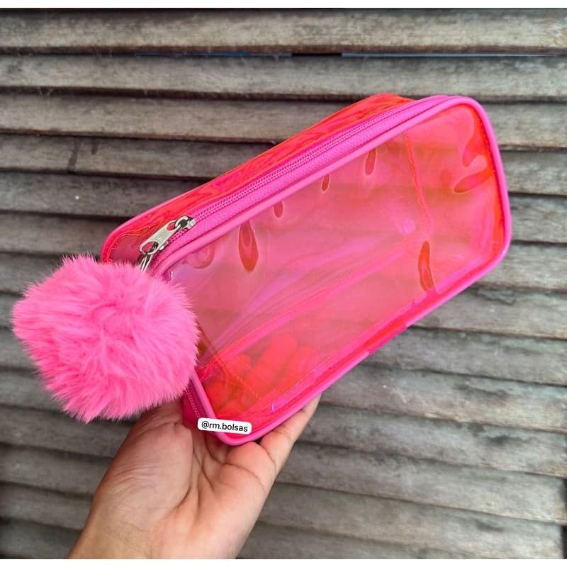 Estojo Transparente de cor 21x10cm com Pompom