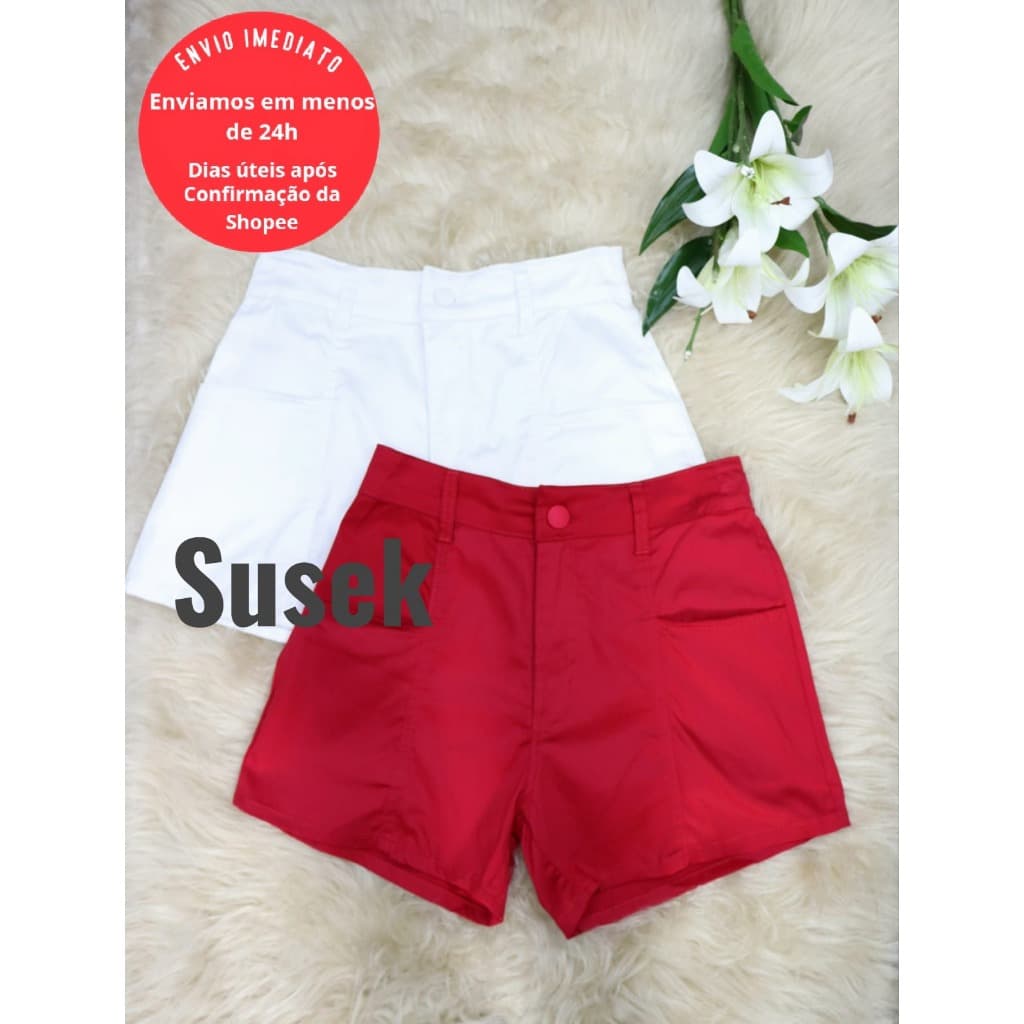Short Sarja Cintura Alta Meia Coxa Fechamento em Botão Casual S003