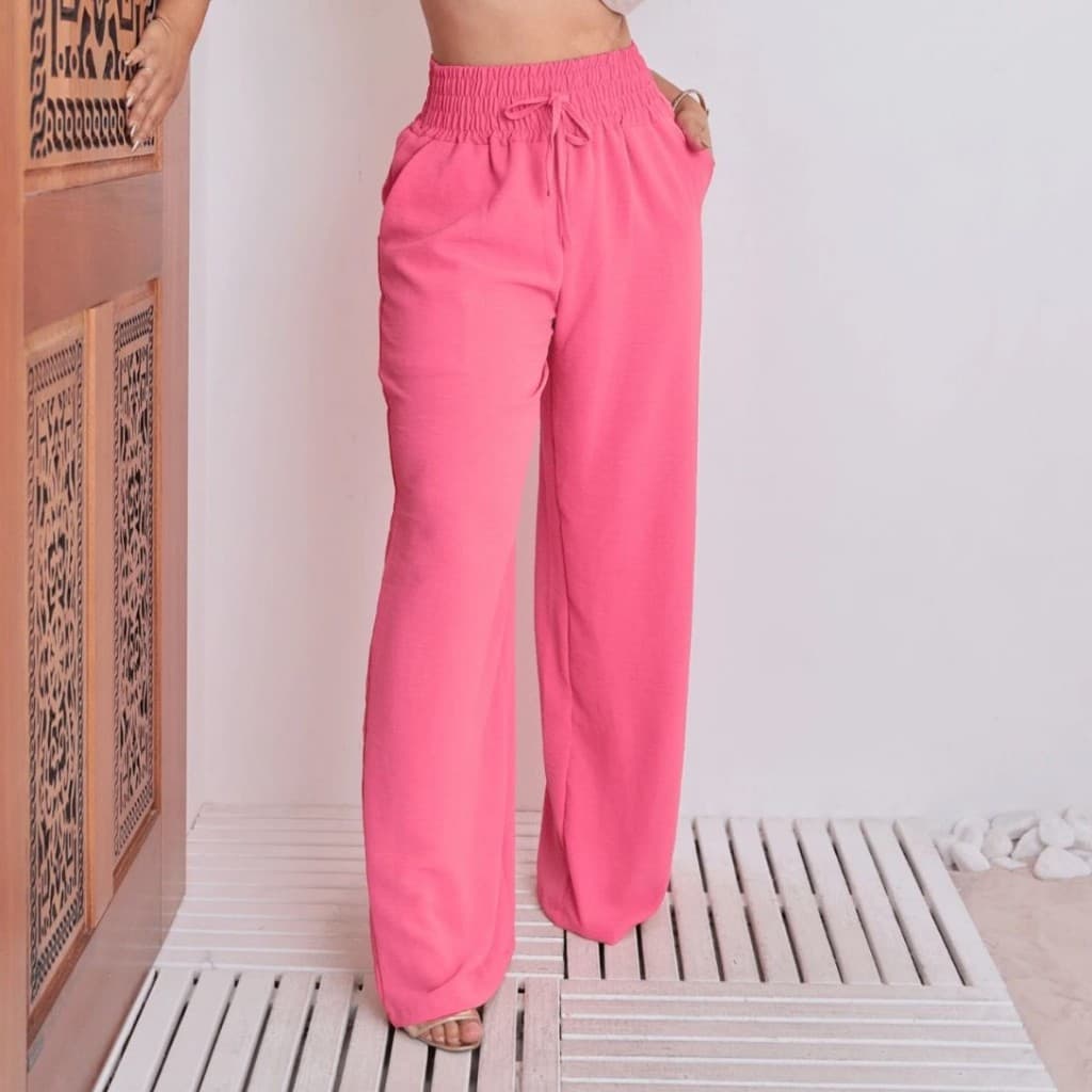 Calça Pantalona Feminina Com Bolso Cintura Alta