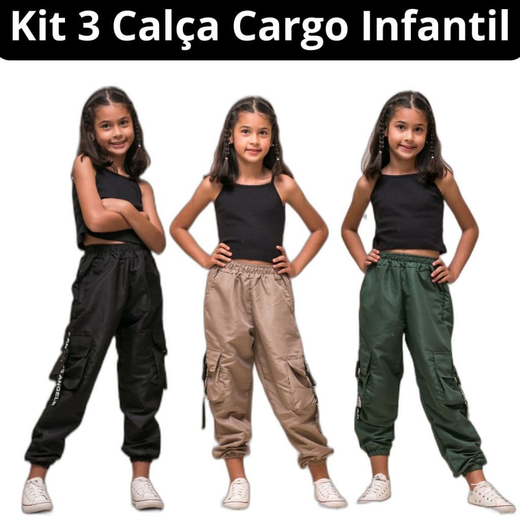 Kit 3 Calça Jogger Infantil Menina Cargo Com Bolso tamanho 10 12 14