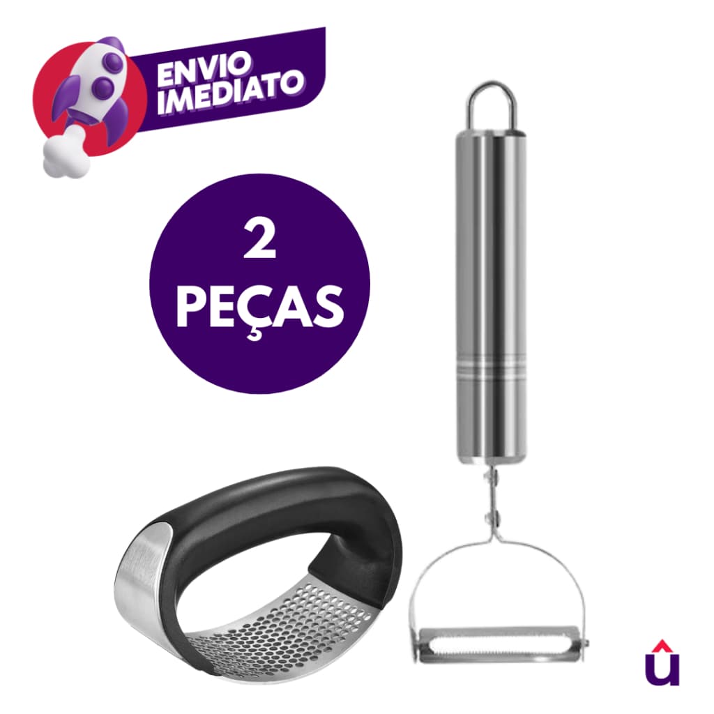 Kit 02 Itens: Amassador Espremedor Triturador Alho E Descascador Legumes Inox Utensilio Cozinha