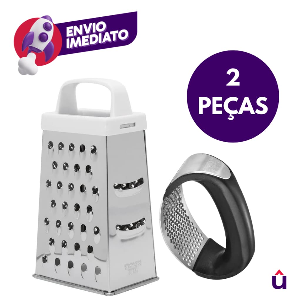 Kit 02 Itens: Amassador Espremedor Triturador Alho E Ralador de Legumes Inox Esmagador Manual