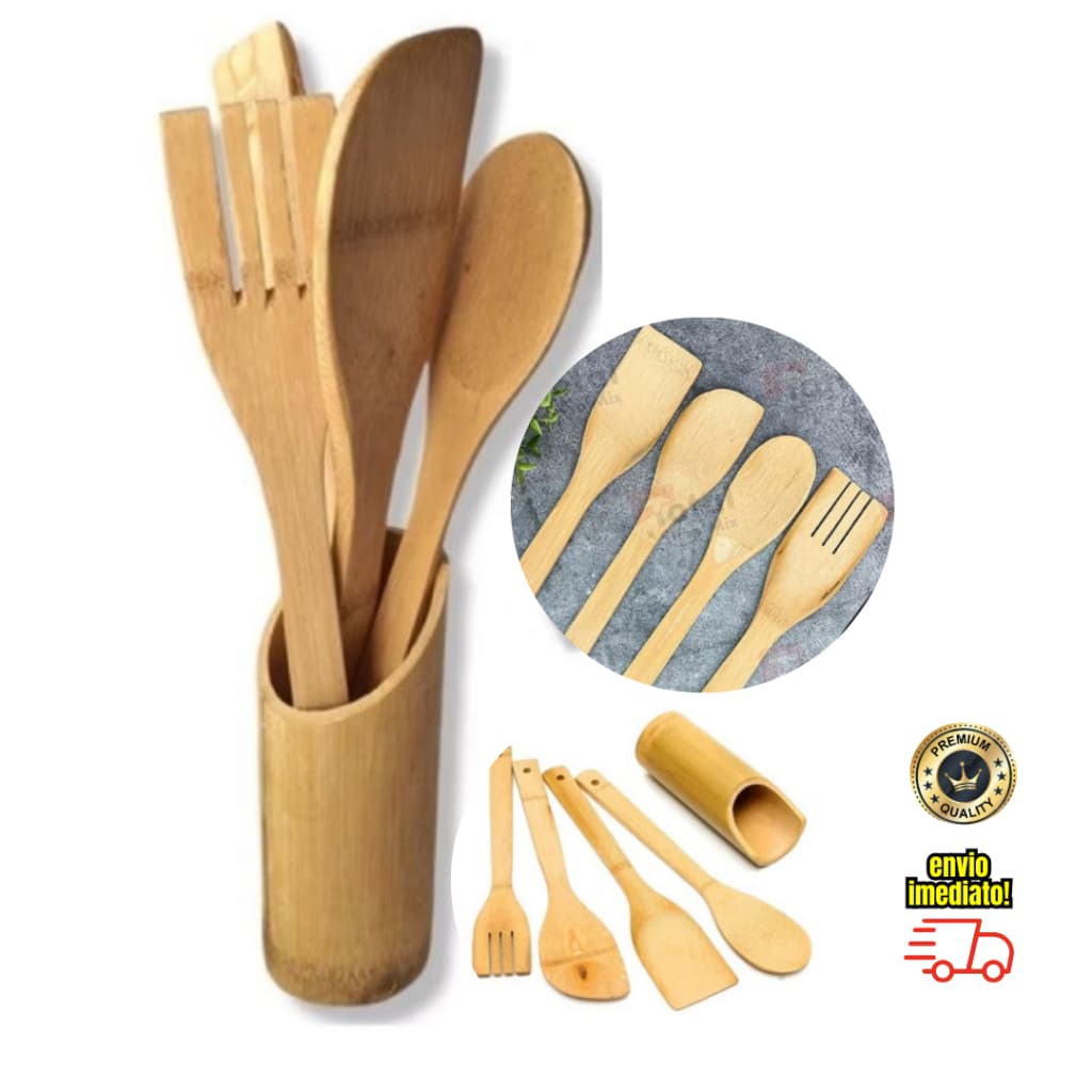 Kit Utensílios de Madeira 5 peças Bambu Espátula Colher Cozinha Culinária 4 talheres + suporte