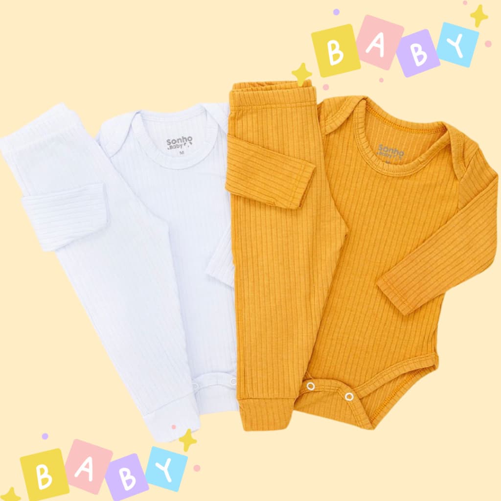 02 Conjuntos Canelados Bebê unissex Body+calça