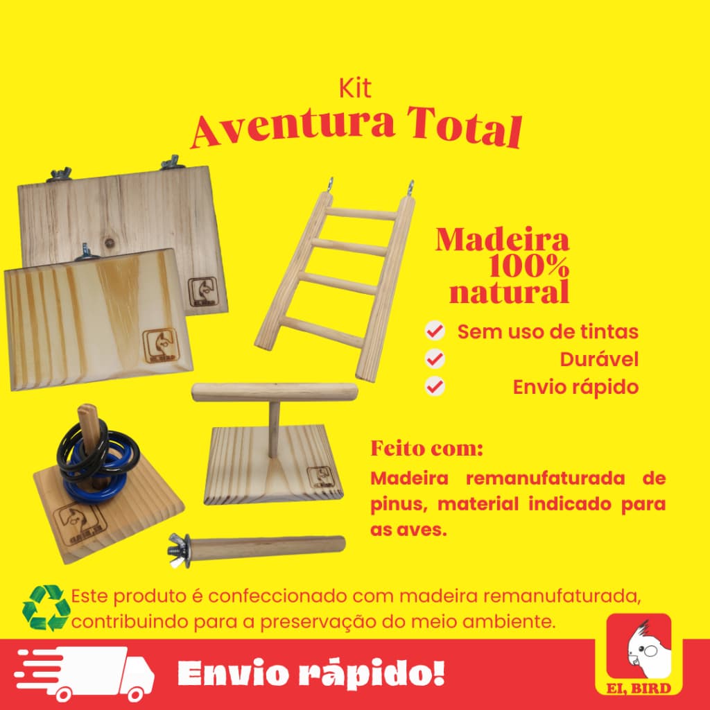 Kit Poleiro de Balança, Escada 20cm, Plataforma p/ descanso tamanhos M e G, Puxa Argolas e Poleiro