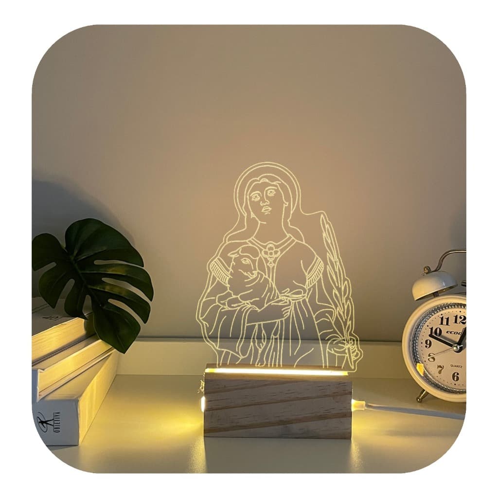 Abajur Luminária De Mesa Santa Inês de Roma Madeira Acrílico 3D Led