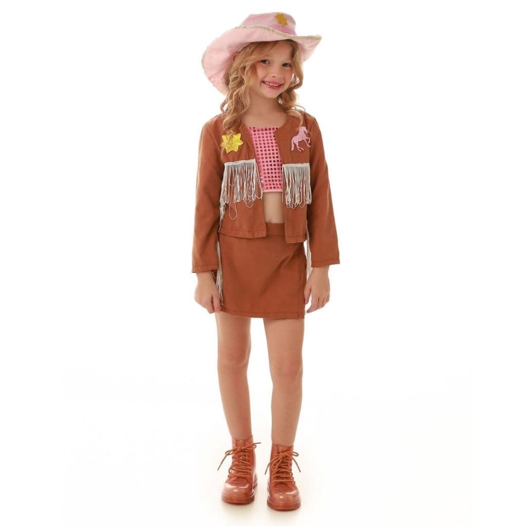 Fantasia Muvilê, Menina Country Marrom Com Chapéu Boiadeira