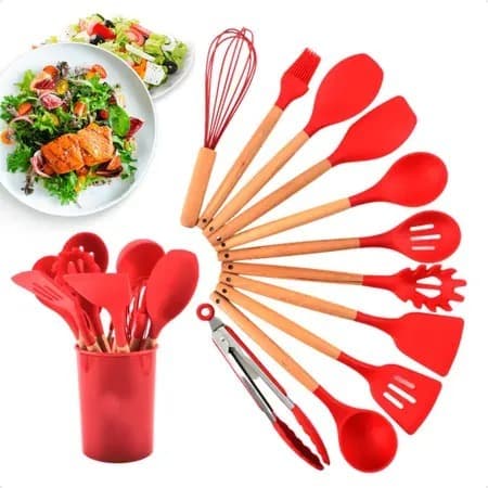 Jogo de Cozinha Kit C/12 Peças Vermelho Para Ceia de Natal Utensílios de Cozinha em Silicone e Cabo de Madeira