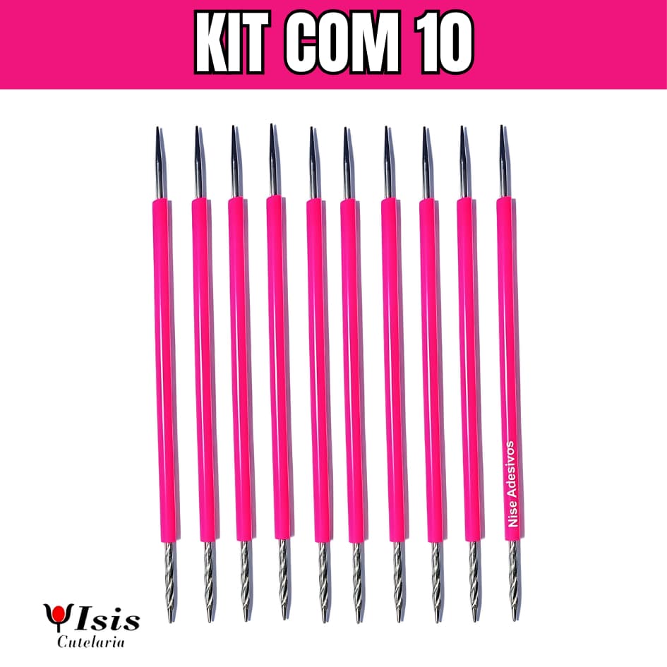 10 Palitos Bastão Isis Cutelaria Manicure Pedicure Inox original Rosa ref.002