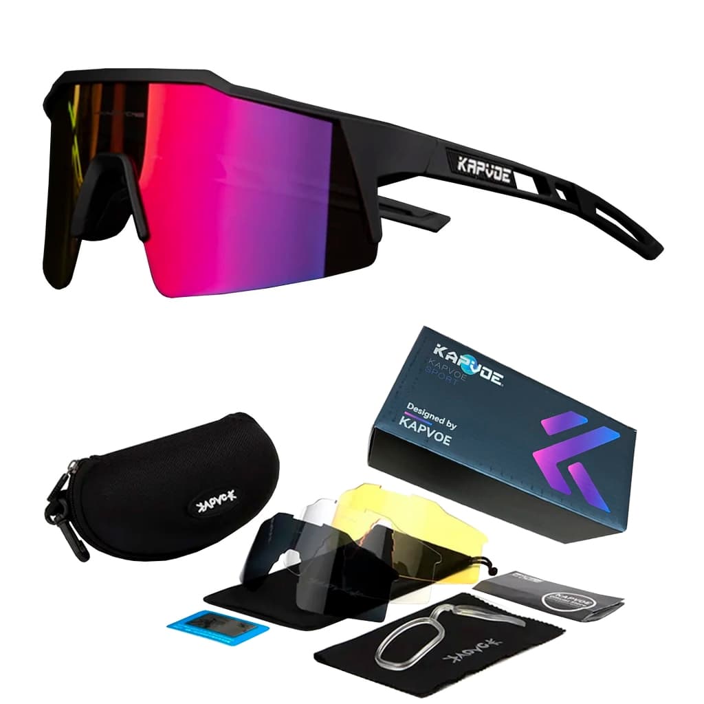Óculos de Ciclismo Preto Vermelho Com 4 Lentes + Case - Kapvoe