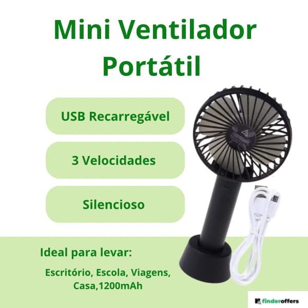 Mini Ventilador Portátil com Base, Recarregável USB, LED no Cabo, 3 Velocidades.
