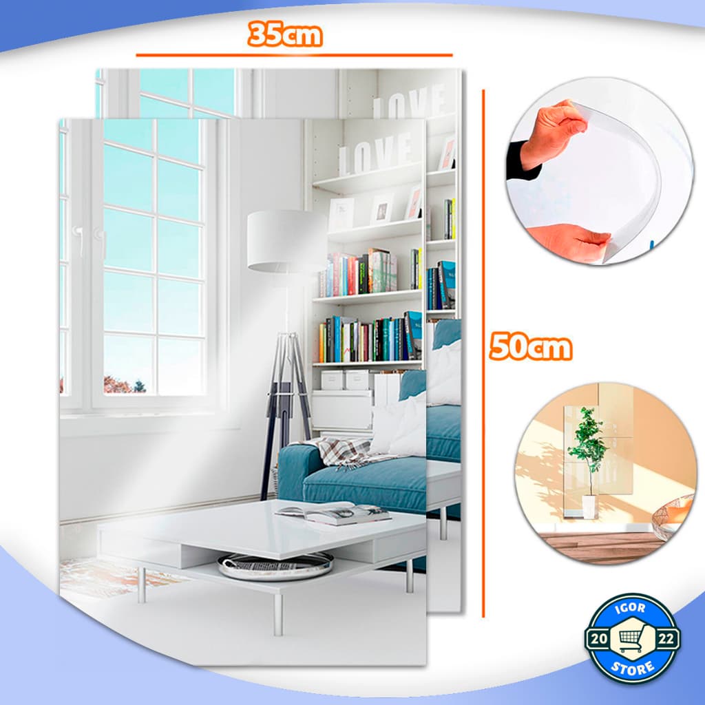 Kit 2 Espelho Adesivo Acrílico Retangular Decorativo 50x35cm Envio Imediato