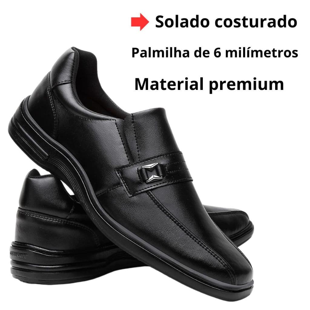 Sapato Social Conforto Masculino Preto Com Elástico Palmilha Conforto Sola com Costura Lateral ENVIO IMEDIATO