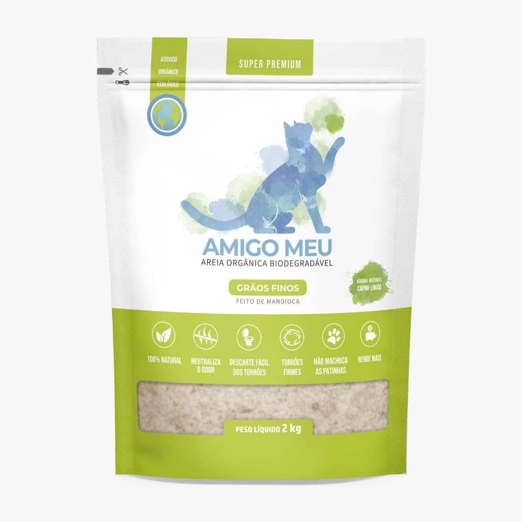 Amigo Meu Areia Higiênica Biodegradável Para Gatos Grãos Finos 2Kg Capim-limão