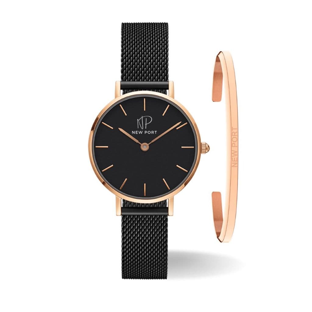 Relógio Feminino Preto Analógico Casual New Port 32mm + Bracelete Ajustável Pulseira