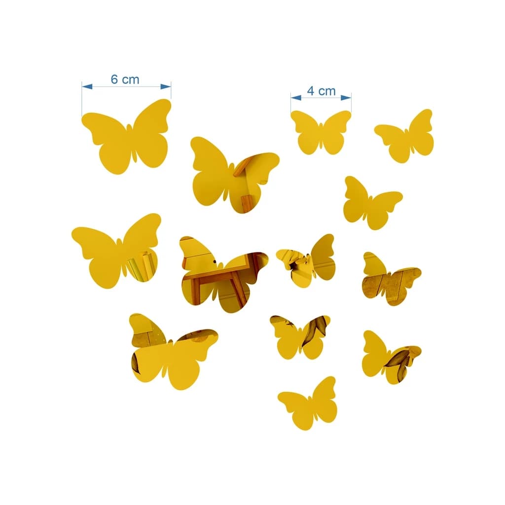 Kit 13 Borboletas Decorativas Acrílico Espelhado Dourado
