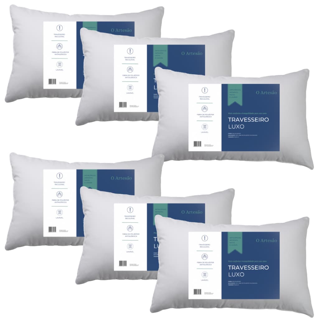 KIT 6 TRAVESSEIROS LUXO REGULÁVEL MACIO LAVÁVEL ANTIALERGICO 50CMX70CM