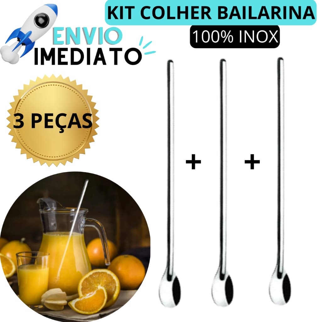 KIT 3 Colher Para Jarra Colher Bailarina Para Suco Drinks Colher Longo Alcance Colher de Suco Em Aço Inox 30cm Bares