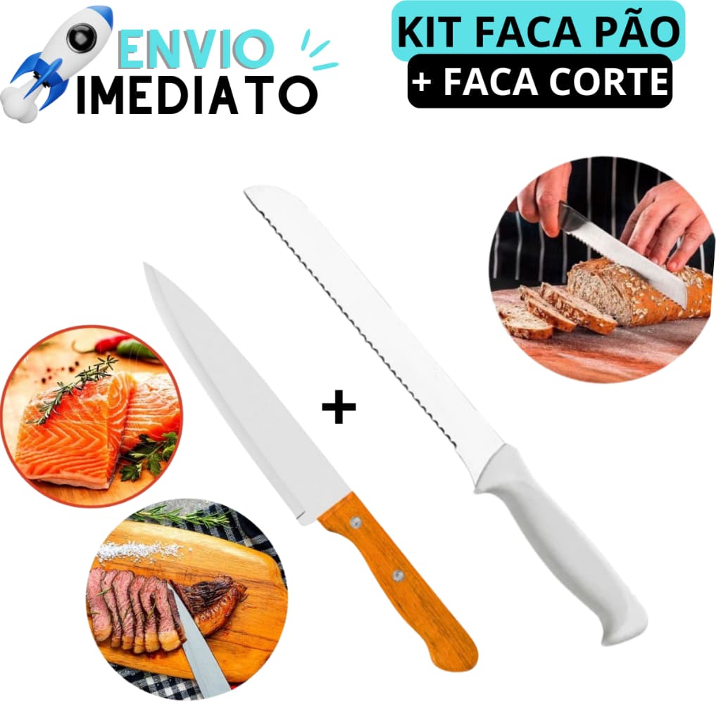 Kit Faca Para Pão + Faca de Corte Faca de Cozinha Grande Faca De Carne Peixeira De Inox 7 Cabo de Madeira Para Cozinha
