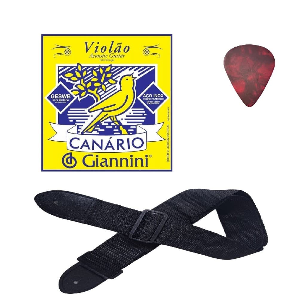 Correia Violão + Encordoamento Cordas Giannini Violão Aço Bolinha Canário + Palheta.