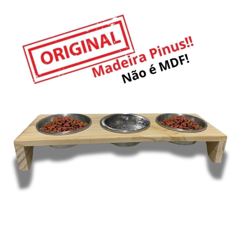 Comedouro Elevado Pet Triplo Madeira Pinus Pets Pequeno Porte Cães e Gatos