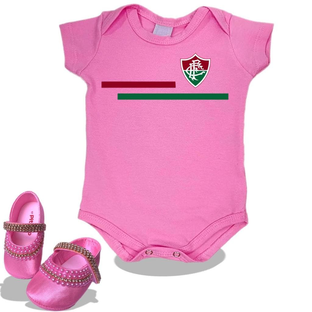 Roupinha Bebê Time Fluminense Rosa Body de Bebe Algodão Antialérgico + Sapatinho C/ Pérolas e Strass