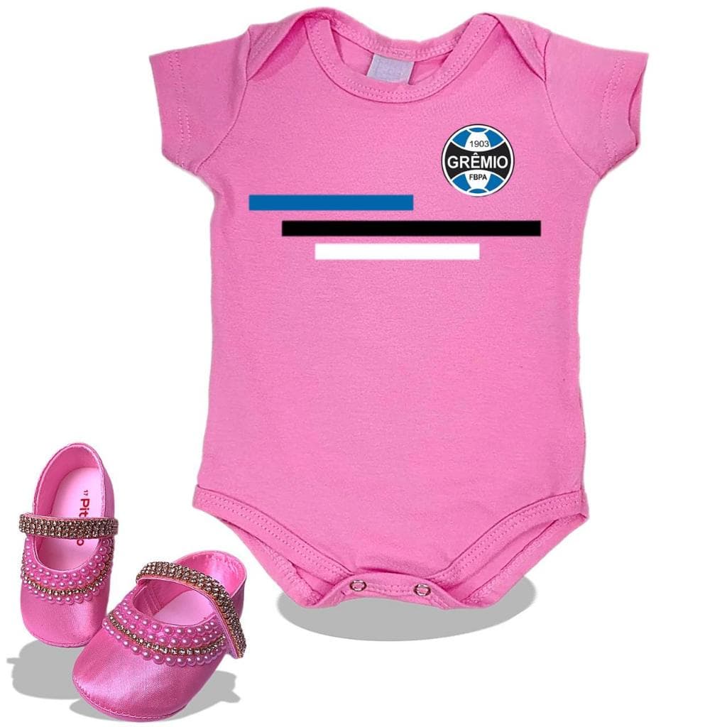 Kit 2 Pçs Roupa Bebê Menina Grêmio Rosa: Body 100% Algodão + Sapatinho Customizado Pérolas e Strass