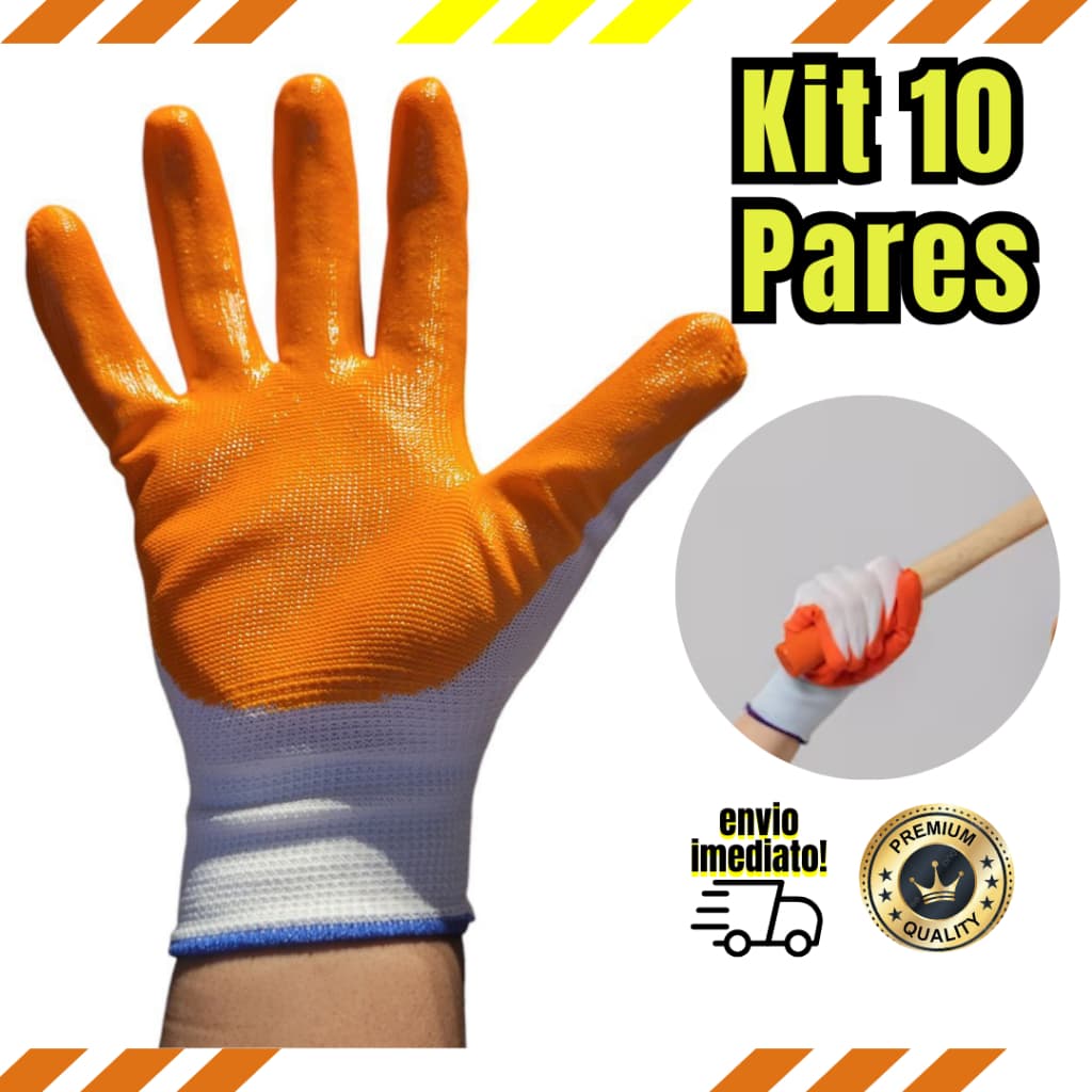 Luva de Segurança Kit c/ 10 Pares Poliéster Látex Emborrachada Construção Pedreiro antiderrapante