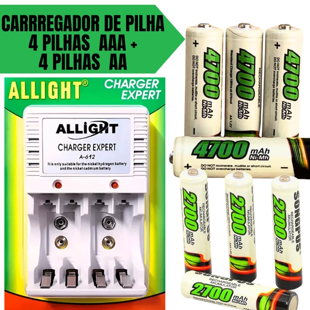 Kit Carregador De Pilhas AA/AAA/Bateria 9v bivolt
