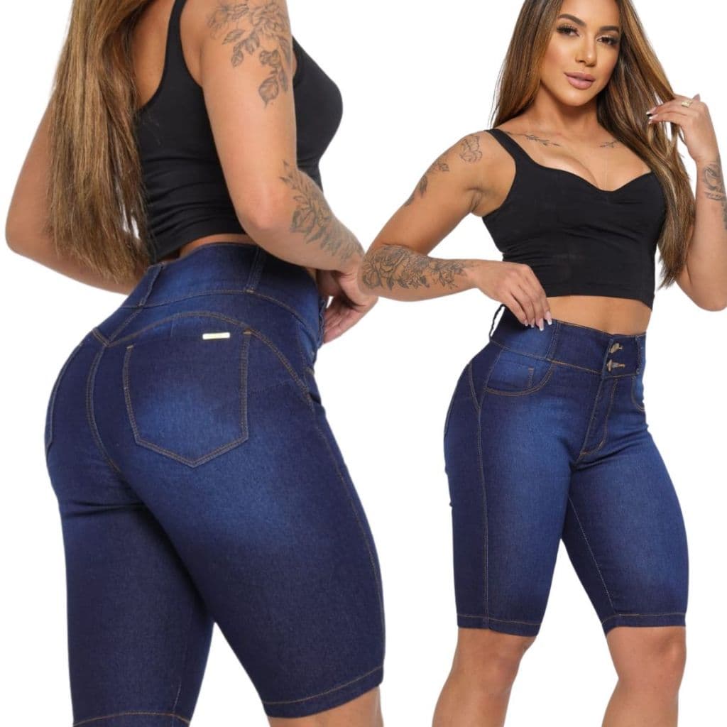 Short Jeans Bermuda Ciclista Feminino Meia Coxa Bermuda Jeans Cintura Alta Com Lycra ate o joelho