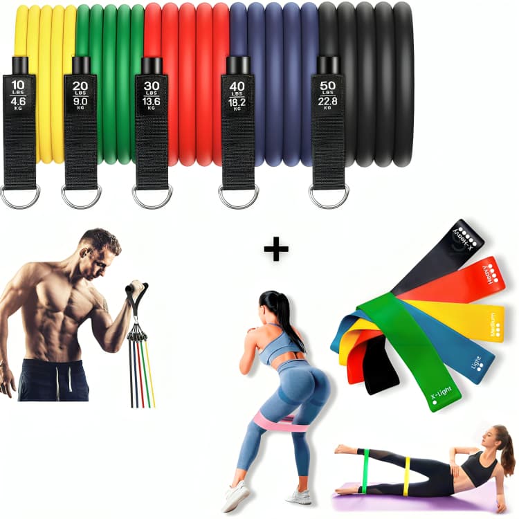 Kit Elásticos de Exercícios 11 Extensor Elástico Treino Em Casa + Kit 5 Mini Band Para Exercícios Multifuncional Yoga Fisioterapia e Treino