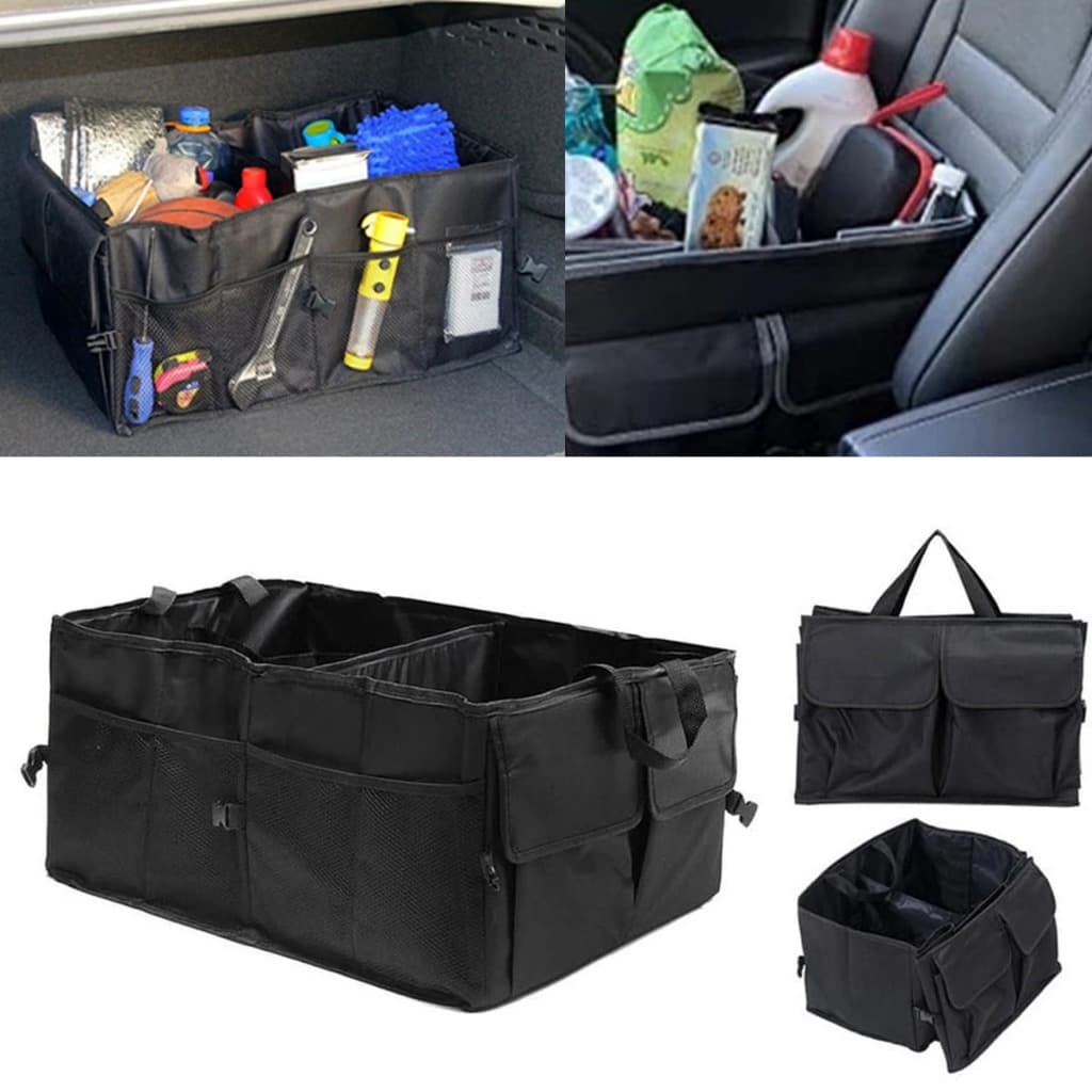 caixa de armazenamento/organização para carro no porta-malas, usada para organizar roupas e objetos na viagem