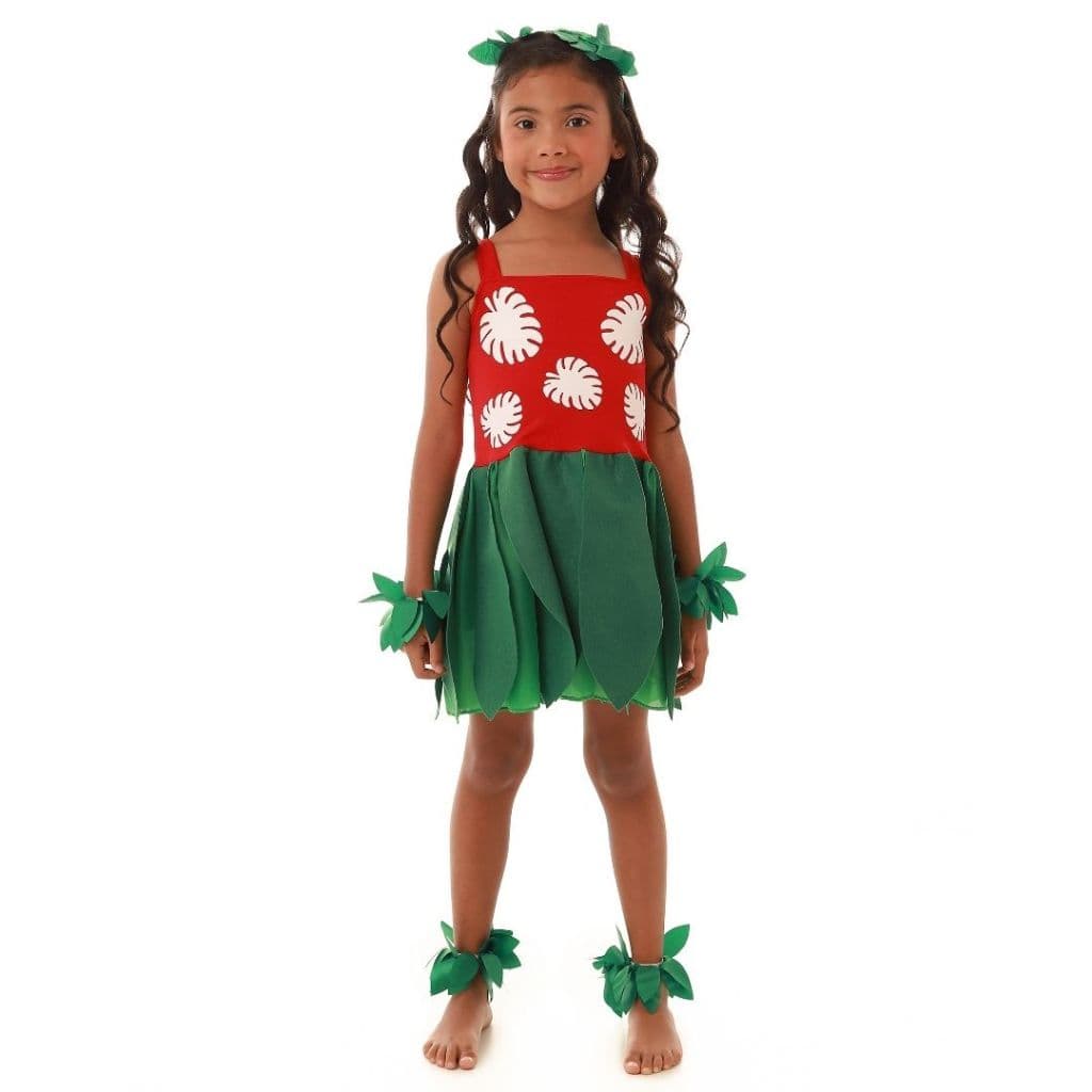Fantasia Muvilê, Menina Havaiana Com Tiara E Elástico De Folhas