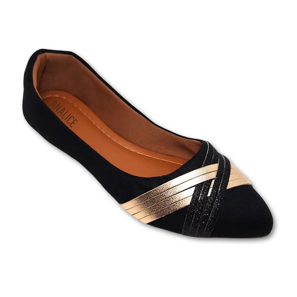 Sapatilha Feminina Confortavel Bico Fino Preta com Brilho Camurça Elegante Casual Linha Comfort