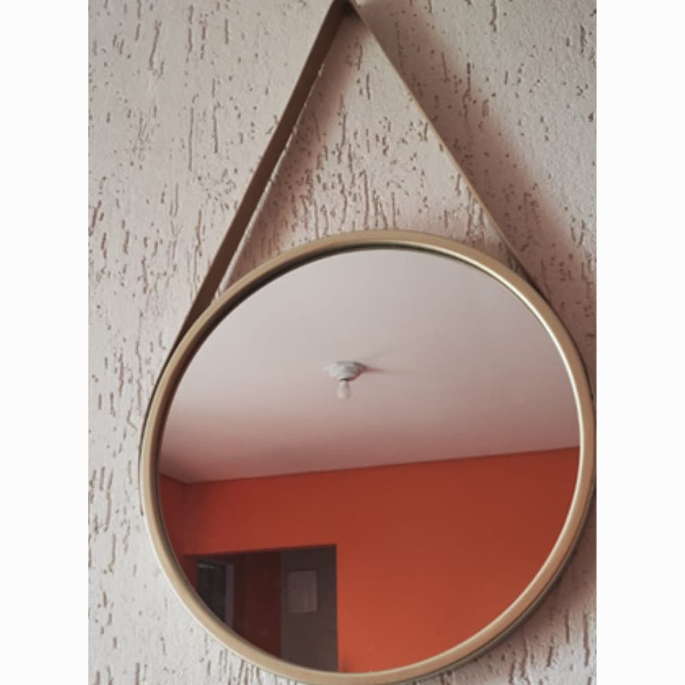 Espelho Redondo Decorativo Alça Couro 43cm