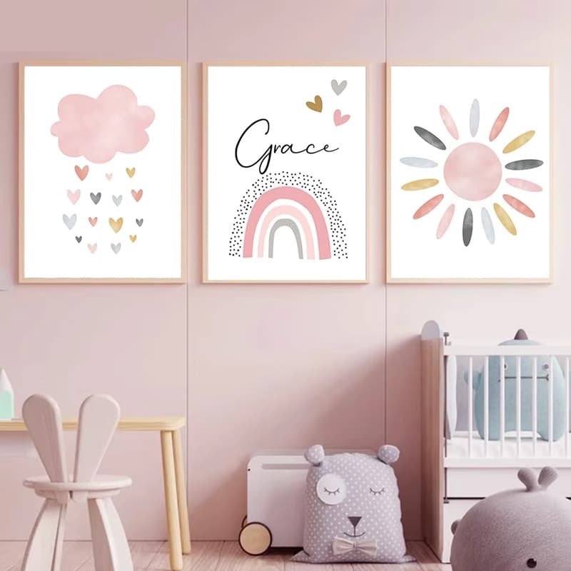 Quadro Decorativo Rosa Nome Balão Estrela Arcos Iris Coração Colorido Abstrato Quarto Menina
