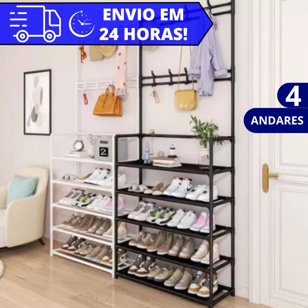 Organizador Sapateira Cabideiro REFORÇADO Multiuso Rack Estante com Ganchos Preta e Branca 4 Andares